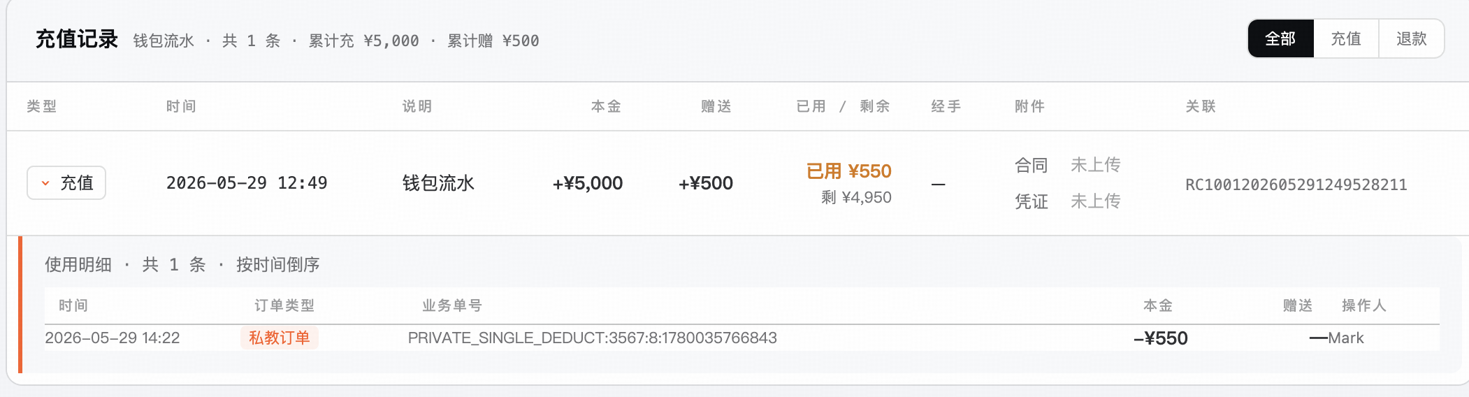 Top-Up Order · Deposit ¥5,000, get ¥500 bonus — principal vs. bonus tracked separately